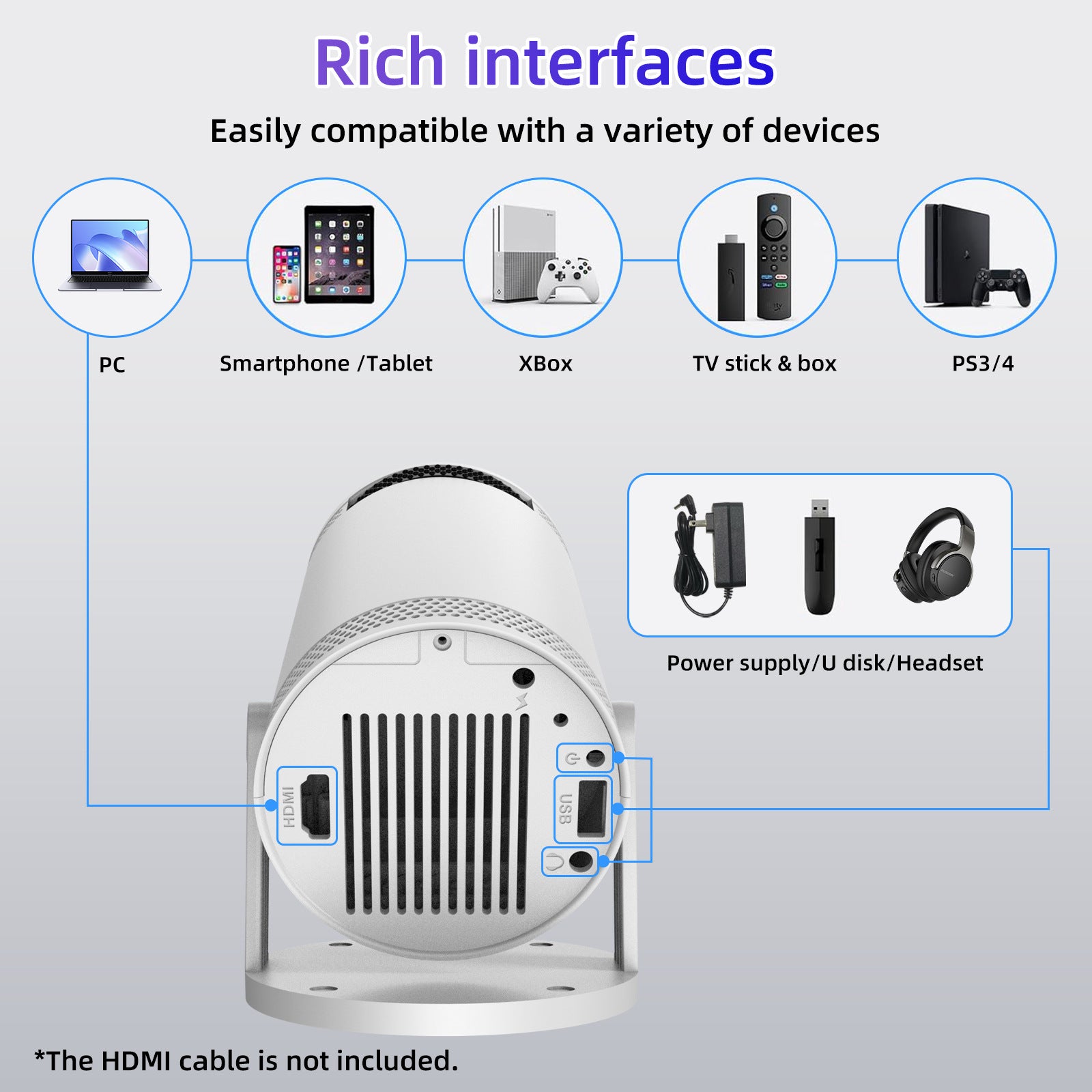 Factory Direct Supply Projector For Home High-Definition High-Brightness Portable Projector Supports Mobile Power Supply