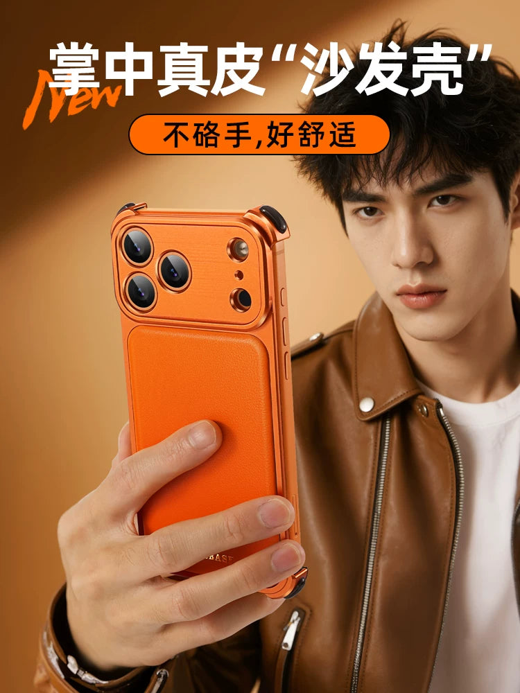 Genuine Leather Is Suitable For Apple 17promax Mobile Phone Case, Metal Frameless Case, IPhone16Pro Leather Protective Cover, Leather Magnetic Stand, Special Ultra-thin Half Bag, High-end New Style