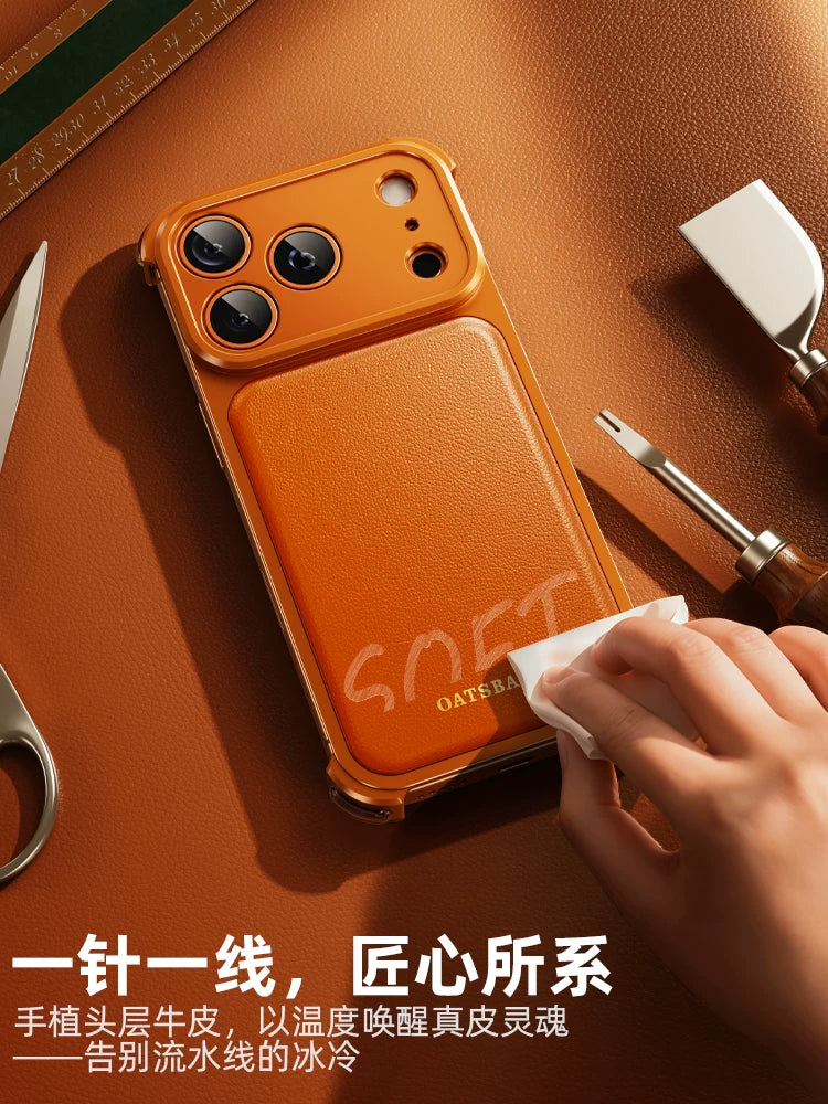 Genuine Leather Is Suitable For Apple 17promax Mobile Phone Case, Metal Frameless Case, IPhone16Pro Leather Protective Cover, Leather Magnetic Stand, Special Ultra-thin Half Bag, High-end New Style